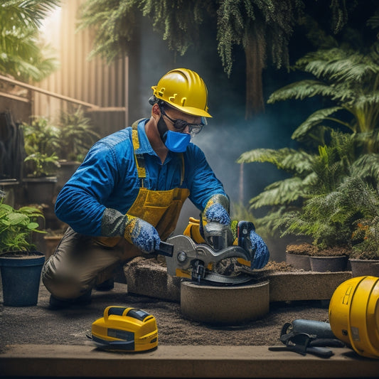 A person wearing protective gear, including gloves, safety glasses, and a dust mask, holds a circular saw with a diamond blade, cutting through a concrete slab amidst a backdrop of potted plants and DIY tools.