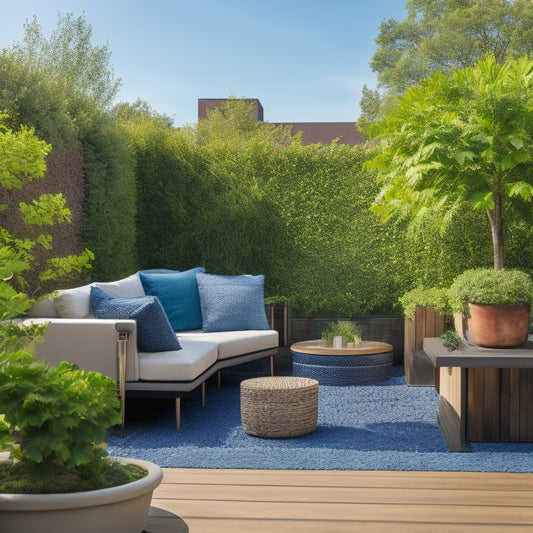 A serene rooftop oasis with a sturdy wooden trellis supporting lush green vines, surrounded by potted plants, a statement piece of outdoor furniture, and a small water feature under a clear blue sky.