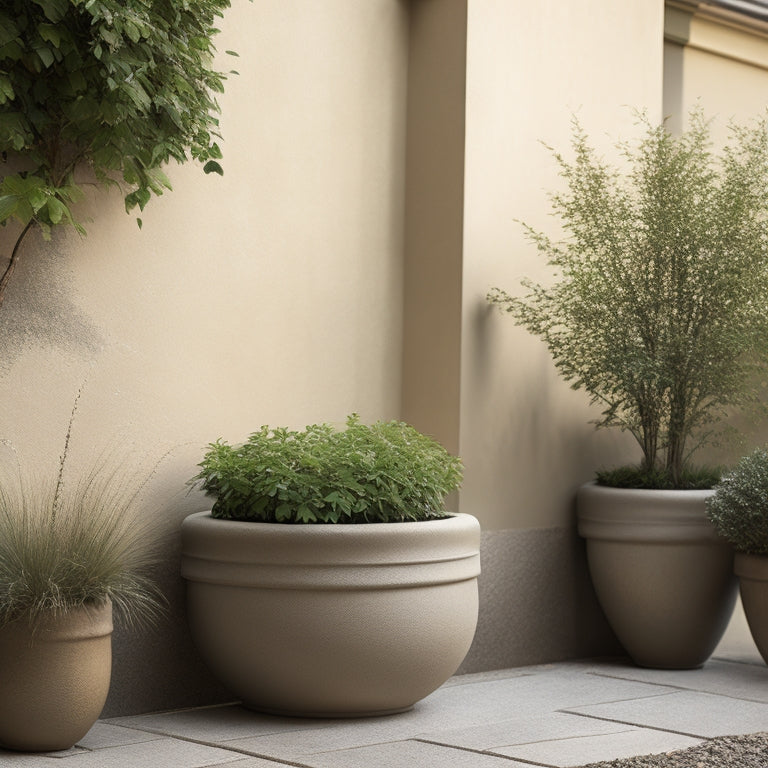 A serene outdoor scene featuring three concrete planters of varying sizes, each overflowing with lush greenery, against a warm, beige-colored stone wall with a gentle water feature in the background.