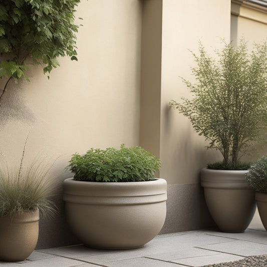 A serene outdoor scene featuring three concrete planters of varying sizes, each overflowing with lush greenery, against a warm, beige-colored stone wall with a gentle water feature in the background.