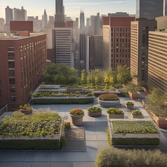 An overhead view of a rooftop garden with a series of raised, wheelchair-accessible planters, ergonomic seating, and adaptive gardening tools, set against a backdrop of city skyscrapers.