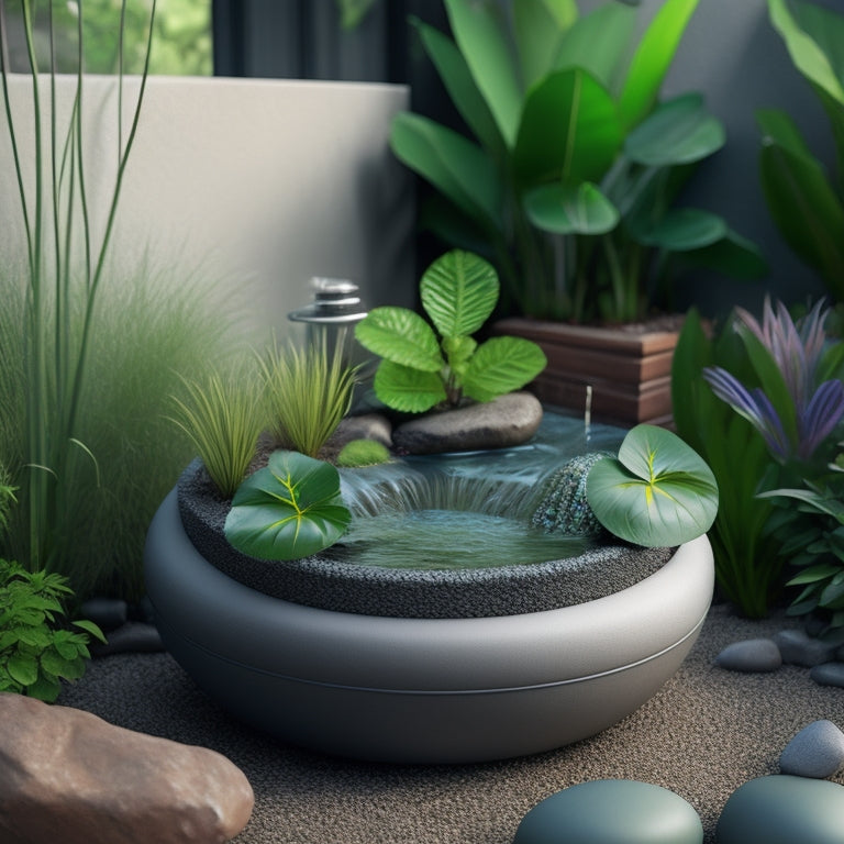 An illustration of a modern, sleek planter with a built-in automatic water drainage system, featuring a visible water reservoir, pipes, and a mesh filter, surrounded by lush greenery and a few decorative rocks.