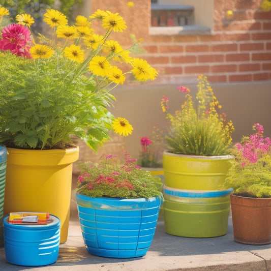 A colorful, sun-kissed patio scene featuring three cinder block planters in various stages of painting, surrounded by paintbrushes, cans, and vibrant flowers in bloom.