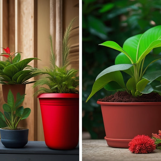 A split-screen image with a measuring tape wrapped around a small potted plant on the left, and a DIY planter with incorrectly fitted plants on the right, with a subtle red "X" symbol overlaid.