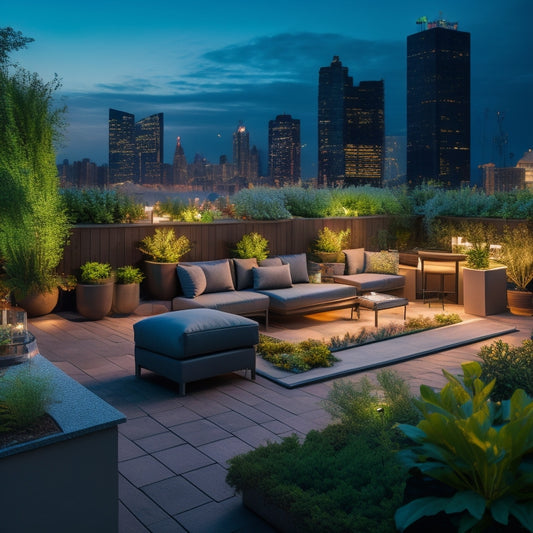 A serene rooftop garden at dusk, with twinkling string lights, lush greenery, and a sleek outdoor kitchen, surrounded by chic lounge seating and a stunning cityscape view in the background.