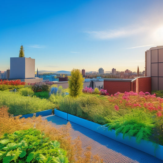 A serene rooftop garden with lush greenery and vibrant flowers, featuring a network of thin, silver irrigation pipes and sprinklers, set against a bright blue sky with puffy white clouds.