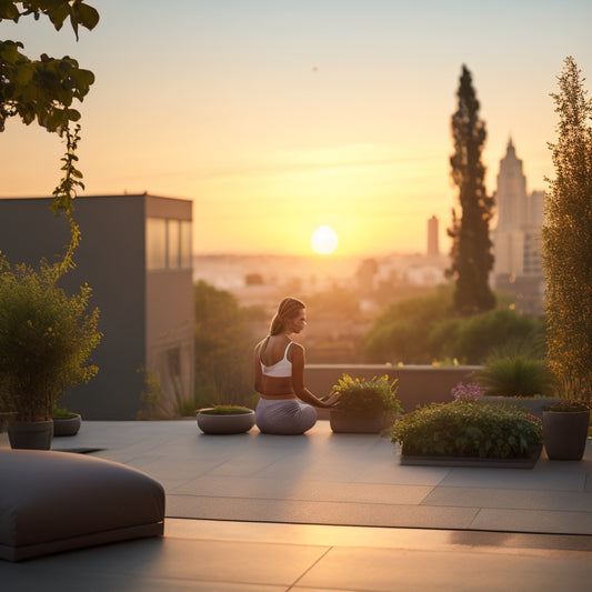 A serene rooftop garden scene at sunset with lush greenery, vibrant flowers, and a few potted trees, surrounded by a minimalist modern cityscape, with a lone figure practicing yoga in the distance.