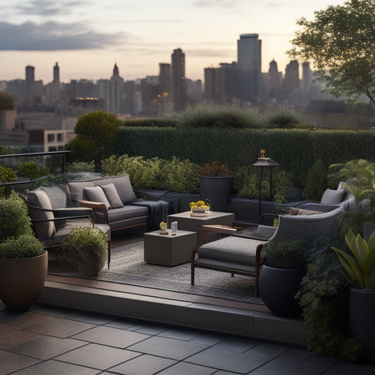 A serene rooftop oasis with lush greenery, a miniature fountain, and a few comfortable outdoor furniture pieces, surrounded by a railing with a cityscape view in the background.