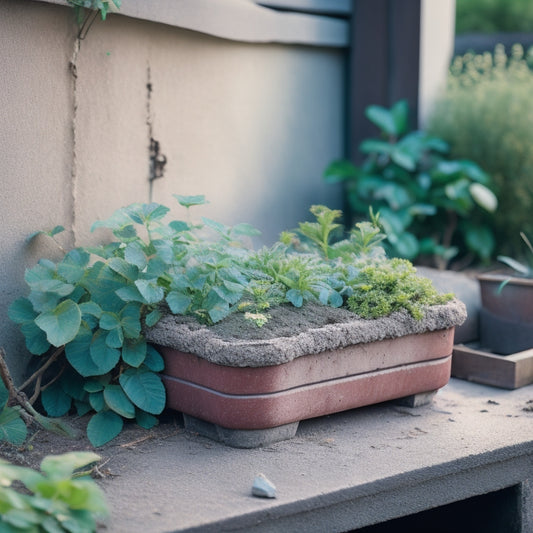 A worn, crumbling DIY block planter, with weeds sprouting from cracks, sits atop a neglected garden bed, surrounded by withered plants and scattered, faded blocks.