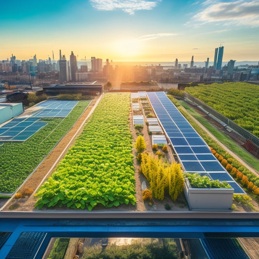 Aerial view of a thriving rooftop hydroponic farm with a mix of vertical and horizontal planters, trellises, and a irrigation system, surrounded by a lush green roof and a cityscape in the background.