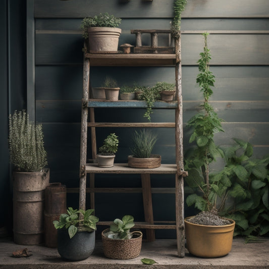 A whimsical still life featuring a vintage wooden ladder repurposed as a planter, surrounded by scattered cinder blocks, gardening tools, and lush greenery, set against a distressed wooden backdrop.
