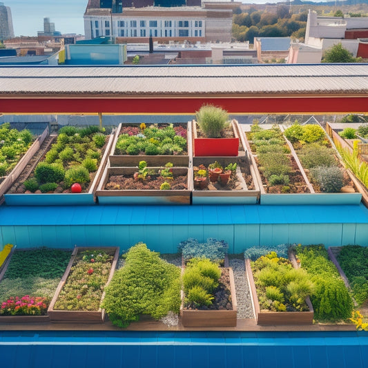 An overhead view of a thriving rooftop veggie garden with neatly arranged rectangular planters, trellises, and a mix of lush greenery, vibrant flowers, and ripe vegetables, against a bright blue sky.
