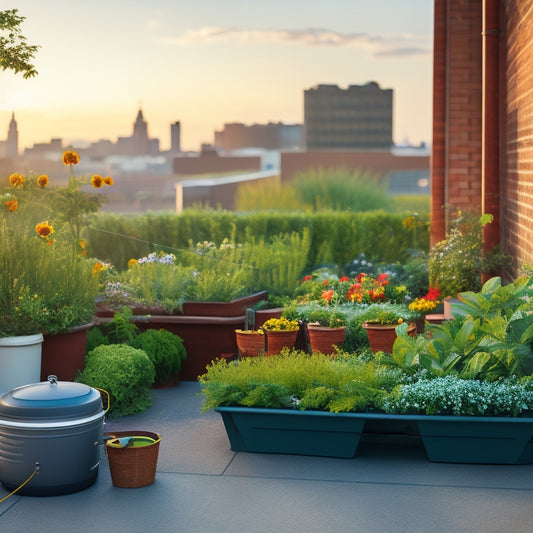 A serene rooftop garden scene with lush greenery, vibrant flowers, and a minimalist irrigation system featuring a drip hose, rain barrel, and a weather station in the background.