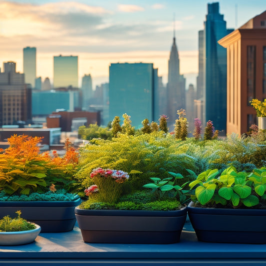 A rooftop garden scene with frost-resistant planters in various sizes and shapes, filled with lush greenery and vibrant flowers, against a backdrop of snow-capped city skyscrapers.