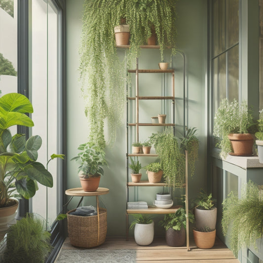 An image depicting a small, sun-drenched balcony transformed into a lush oasis, with a trellis-adorned wall, stacked planters, and a ladder bookshelf overflowing with vibrant greenery.