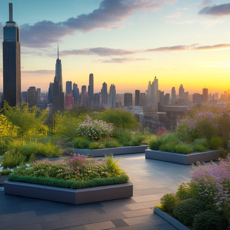 A serene rooftop garden scene at sunset, with lush greenery, vibrant flowers, and a tranquil water feature, surrounded by sleek modern cityscape in the background.