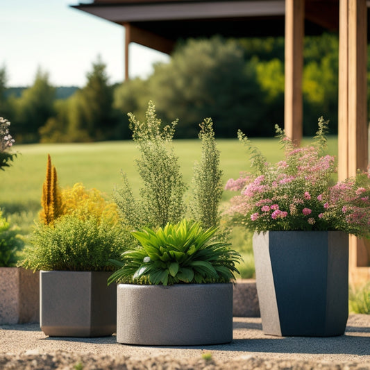 An outdoor setting with a modern farmhouse backdrop, showcasing a variety of concrete block planters in different shapes and sizes, overflowing with lush greenery and vibrant flowers.