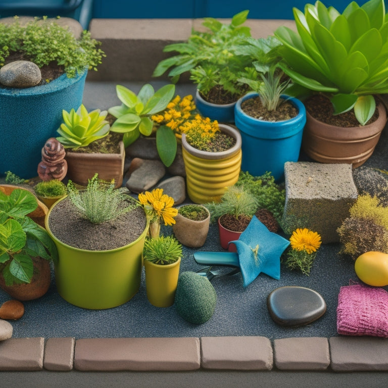 A stylized, overhead shot of a colorful, eclectic arrangement of concrete blocks repurposed as planters, with lush greenery spilling out, surrounded by decorative pebbles and a few scattered gardening tools.