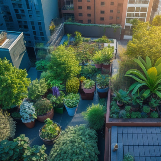 An aerial view of a lush rooftop container garden with various plants and flowers, surrounded by a cityscape, with a smart irrigation system's sensors and valves visible amidst the greenery.