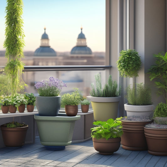 An illustration of a balcony with three vertical planters of varying weights, with one tilting or collapsing, surrounded by scattered pots, soil, and plants, against a blurred cityscape background.