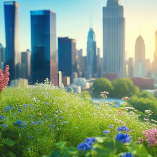 A serene, vibrant cityscape with lush green roofs, blooming wildflowers, and fluttering butterflies, surrounded by towering skyscrapers, with a subtle mist of water vapor rising into a bright blue sky.
