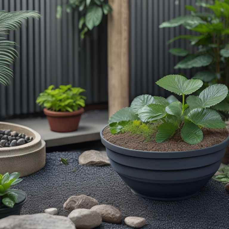 A split-level planter with built-in drainage system, featuring small rocks, activated charcoal, and a mesh screen, surrounded by lush greenery and a subtle background of a DIY workshop.