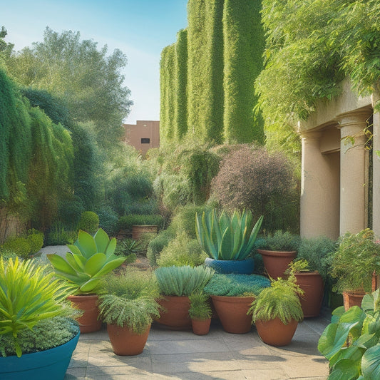 A vibrant, verdant oasis amidst a concrete cityscape, featuring a lush succulent garden, terracotta pots, and a trellis with climbing vines, surrounded by urban architecture and a bright blue sky.