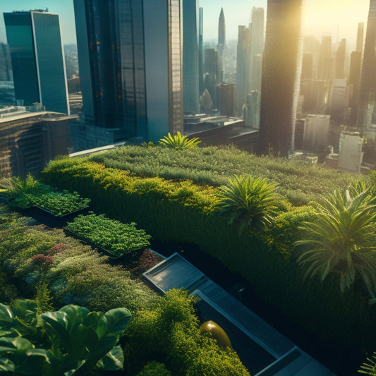 A vibrant, aerial view of a lush, green rooftop garden with rows of thriving plants in futuristic hydroponic systems, surrounded by a bustling cityscape with sleek skyscrapers and blue skies.