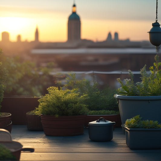 A serene rooftop scene at dawn, with a small, empty planter and a watering can in the foreground, surrounded by a lattice trellis, potted herbs, and a cityscape in the background.