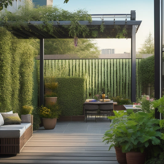 A serene rooftop garden with a mix of lush greenery, vibrant blooms, and modern trellis designs, featuring a wooden pergola, metal arches, and a living wall backdrop.