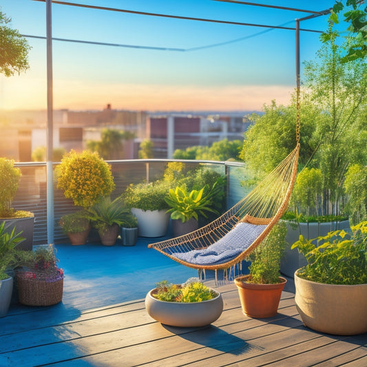 A serene rooftop garden scene at sunrise: lush greenery spills over a modern railing, with potted plants, a trellis, and a hammock, set against a soft blue sky with wispy white clouds.