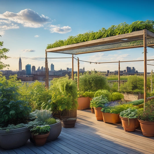 A serene rooftop garden with a wooden trellis supporting climbing vines, surrounded by raised beds overflowing with lush green vegetables and vibrant flowers, set against a bright blue sky with fluffy white clouds.
