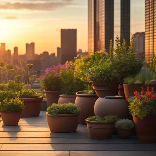 A serene rooftop garden scene at sunset, with lush greenery, vibrant flowers, and a variety of thriving plants in terracotta pots and wooden planters, amidst a backdrop of city skyscrapers.