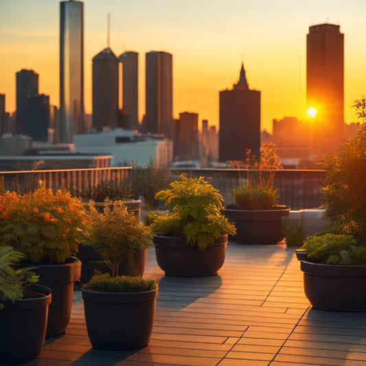 A serene rooftop garden scene at sunset, with 5-7 modern planters in various shapes and sizes, overflowing with lush greenery, set against a backdrop of city skyscrapers and a warm orange sky.