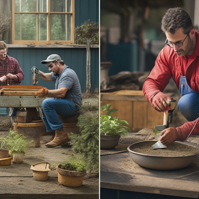 A split-screen image: on the left, a person struggling to cut a planter with a dull, rusty handsaw; on the right, a person effortlessly cutting a planter with a sharp, high-quality circular saw.