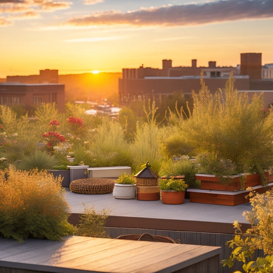 A serene rooftop garden scene at sunset, with a lush mix of native plants, flowers, and trees in planters of varying sizes, surrounded by a honeycomb of bee hotels and birdhouses.