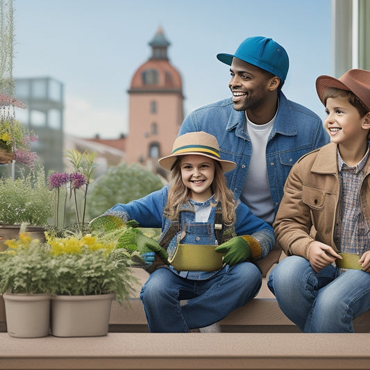 An illustration of a smiling parent and two children, all wearing gardening hats and gloves, surrounded by potted plants and a safety harness attached to a sturdy rooftop railing.