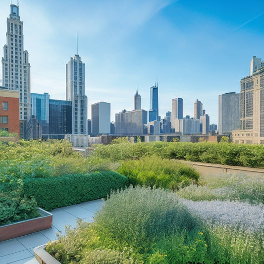 A serene rooftop garden in Chicago, with lush greenery, vibrant flowers, and native prairie grasses, surrounded by sleek city skyscrapers and a sunny blue sky with puffy white clouds.