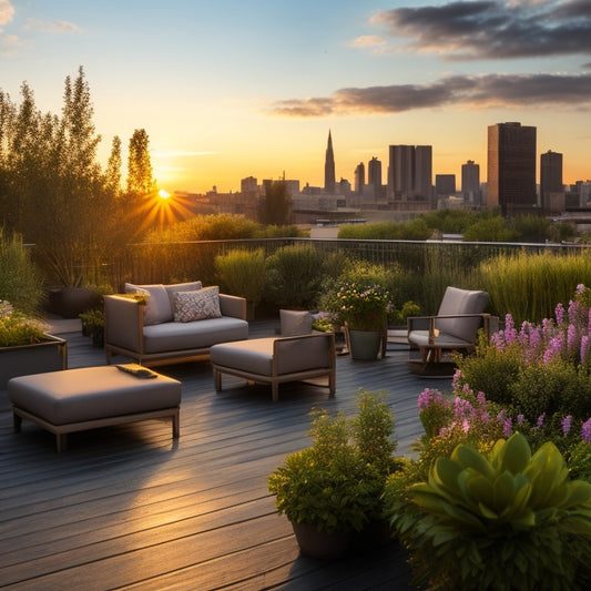 A serene rooftop garden scene at sunset, with lush greenery, vibrant flowers, and a few comfortable outdoor chairs, surrounded by a sleek, modern cityscape in the background.