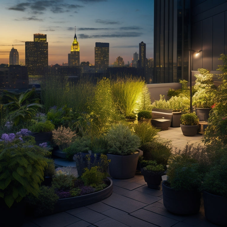 A rooftop garden at dusk, with a variety of lush green plants and flowers, illuminated by a mix of LED grow lights, HPS lamps, and induction grow lights, against a cityscape background.