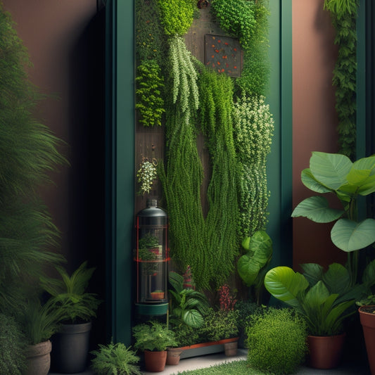 An illustration of a thriving vertical garden with lush greenery, interspersed with subtle hints of pest control strategies, such as ladybugs, neem oil sprayers, and copper tape.