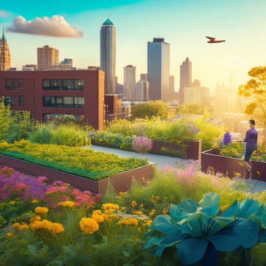 An illustration of a rooftop garden with vibrant greenery, a drip irrigation system, and a person in the background inspecting a moisture meter, surrounded by lush flowers and a cityscape skyline.