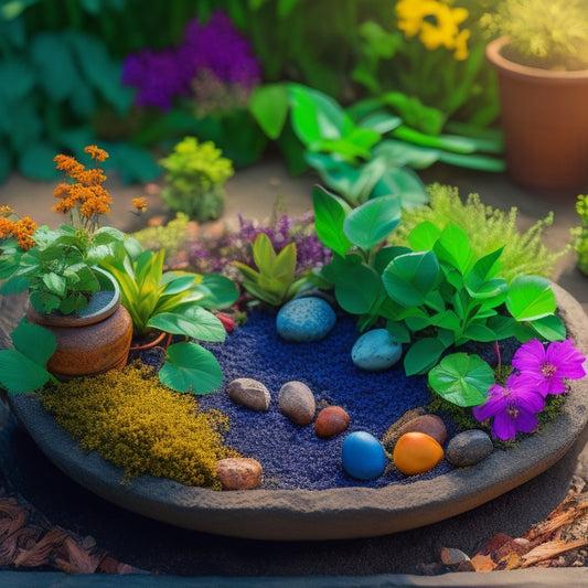 A stylized, overhead shot of a DIY planter with a makeshift irrigation system, featuring a repurposed plastic bottle, twine, and small rocks, surrounded by lush greenery and vibrant flowers.