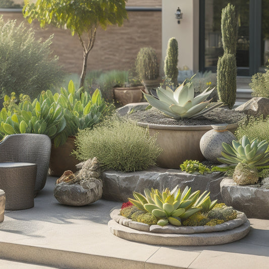 A serene outdoor setting with a natural stone patio, surrounded by lush greenery, featuring a mix of large and small concrete planters in various shapes and textures, filled with vibrant flowers and succulents.