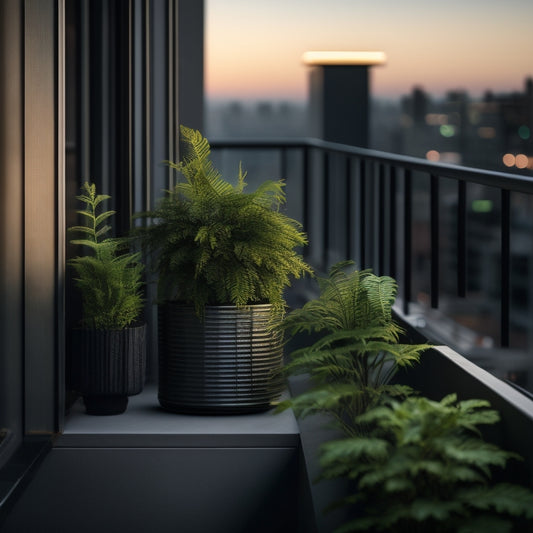 A minimalist urban balcony with a petite concrete planter containing a lush green fern, surrounded by sleek metal railings and a cityscape background at dusk.