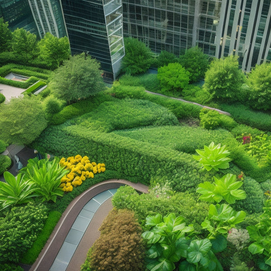 An aerial view of a lush, verdant rooftop garden with varied vegetation, surrounded by skyscrapers, featuring rainwater harvesting systems, permeable pavers, and a meandering walkway.