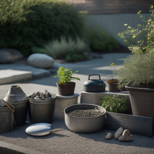 A serene outdoor setting with a newly installed concrete planter, surrounded by unpacked bags of potting soil and gardening tools, with a few scattered pebbles and a small watering can nearby.