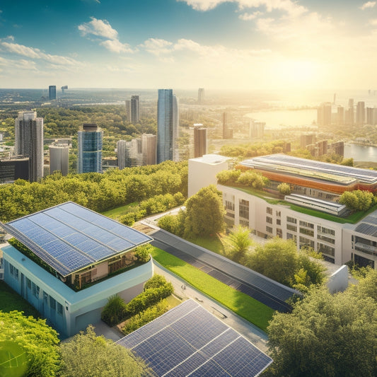 An aerial view of a cityscape with several buildings featuring lush green roofs, covered in a mix of verdant vegetation and solar panels, surrounded by a bright blue sky with fluffy white clouds.