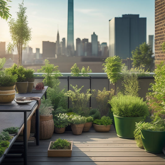 A serene rooftop garden scene with lush greenery, vibrant flowers, and a mix of potted herbs like basil, mint, and rosemary, surrounded by a wooden trellis and a sleek, modern cityscape in the background.