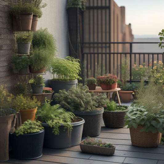A serene rooftop scene with a lush, thriving herb garden, featuring a variety of potted plants with vibrant green leaves, surrounded by a decorative railing and a few scattered fertilizer bags.
